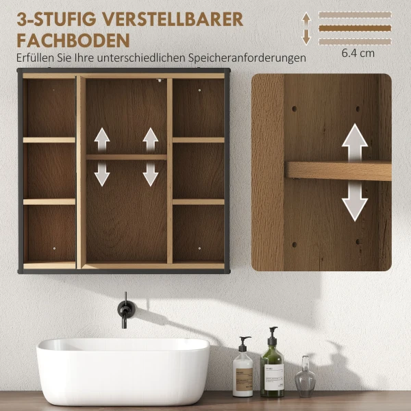 Badkamerspiegelkast, 6 open vakken, 3 laags rek, wandmontage, eiken 6