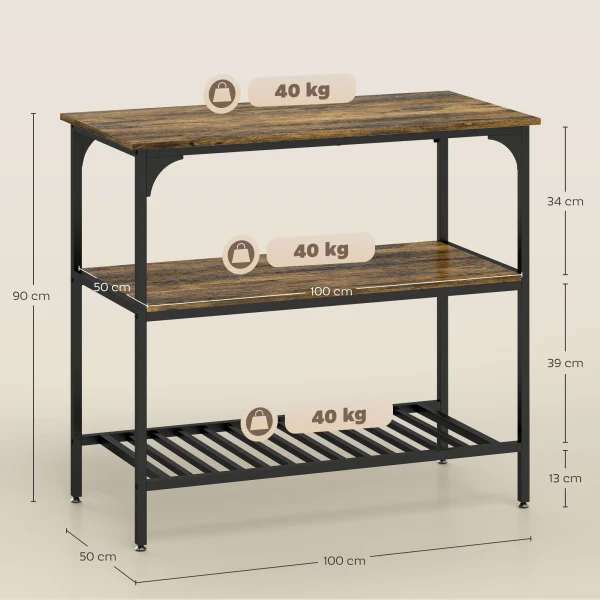 Bakkersrek, 3 laags keukenrek met stalen frame, rustiek bruin+zwart 4