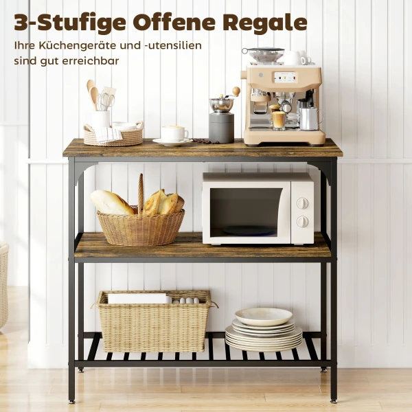 Bakkersrek, 3 laags keukenrek met stalen frame, rustiek bruin+zwart 6