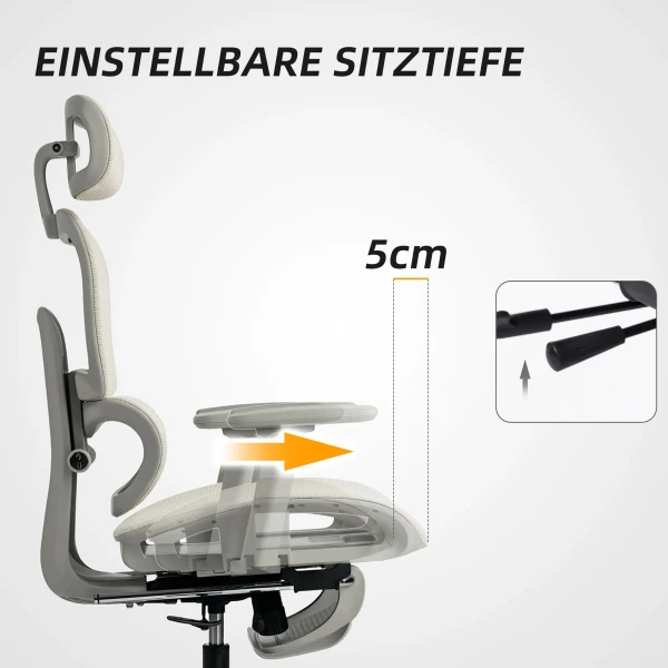 Bureaustoel, ergonomische bureaustoel met netstof bekleding, verstelbaar, rolbaar, met armleuningen, hoofdsteun, beige 6