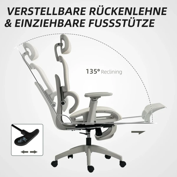 Bureaustoel, ergonomische bureaustoel met netstof bekleding, verstelbaar, rolbaar, met armleuningen, hoofdsteun, beige 7