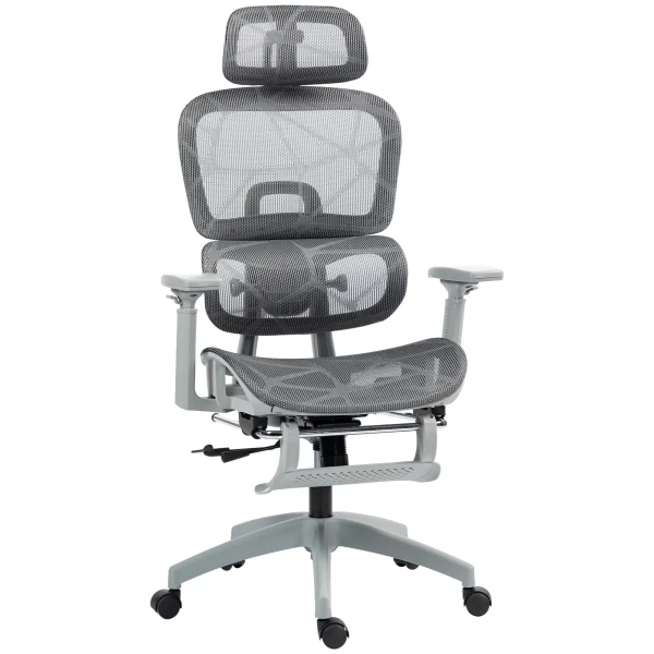 Bureaustoel, ergonomische bureaustoel met netstof bekleding, verstelbaar, rolbaar, met armleuningen, hoofdsteun, grijs 1