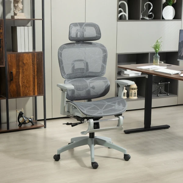 Bureaustoel, ergonomische bureaustoel met netstof bekleding, verstelbaar, rolbaar, met armleuningen, hoofdsteun, grijs 2