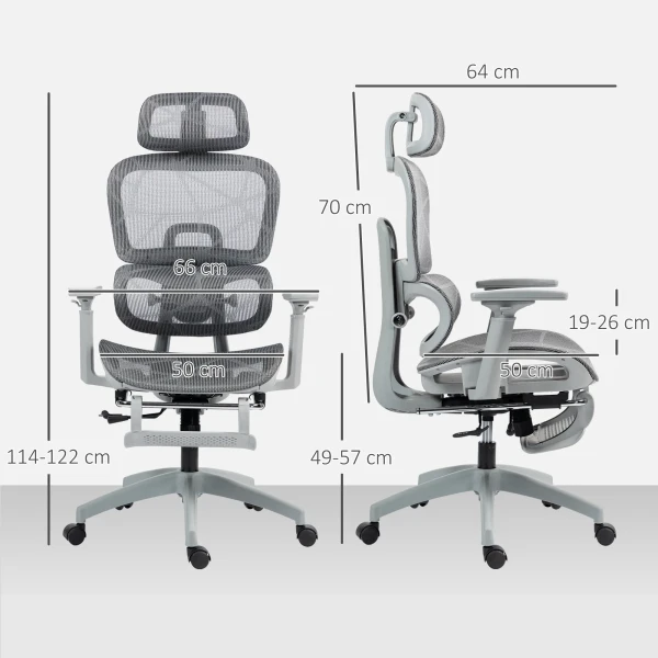 Bureaustoel, ergonomische bureaustoel met netstof bekleding, verstelbaar, rolbaar, met armleuningen, hoofdsteun, grijs 4