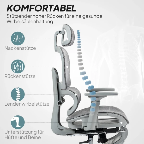 Bureaustoel, ergonomische bureaustoel met netstof bekleding, verstelbaar, rolbaar, met armleuningen, hoofdsteun, grijs 5