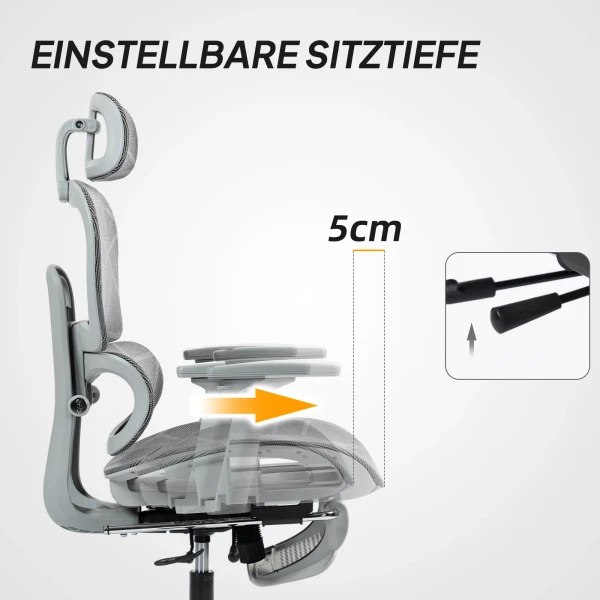 Bureaustoel, ergonomische bureaustoel met netstof bekleding, verstelbaar, rolbaar, met armleuningen, hoofdsteun, grijs 6