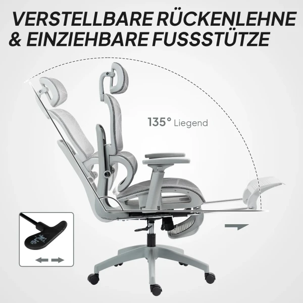 Bureaustoel, ergonomische bureaustoel met netstof bekleding, verstelbaar, rolbaar, met armleuningen, hoofdsteun, grijs 7