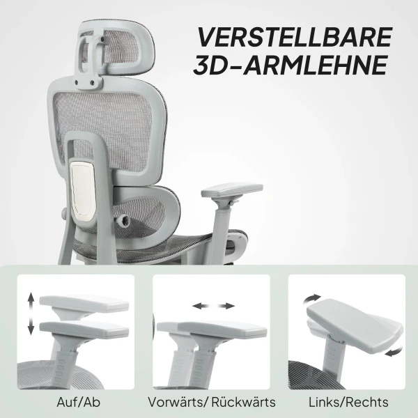 Bureaustoel, ergonomische bureaustoel met netstof bekleding, verstelbaar, rolbaar, met armleuningen, hoofdsteun, grijs 8