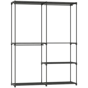 Draagbare kledingrek, metalen frame, stoffen planken, veel ruimte, zwart 1
