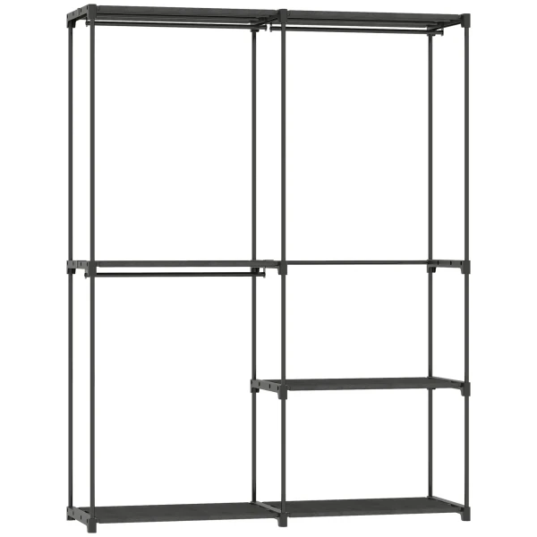 Draagbare kledingrek, metalen frame, stoffen planken, veel ruimte, zwart 1