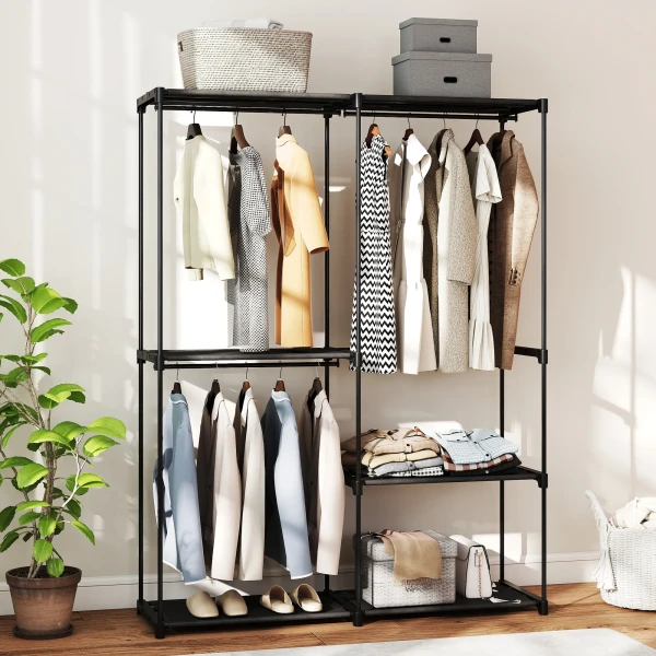 Draagbare kledingrek, metalen frame, stoffen planken, veel ruimte, zwart 2