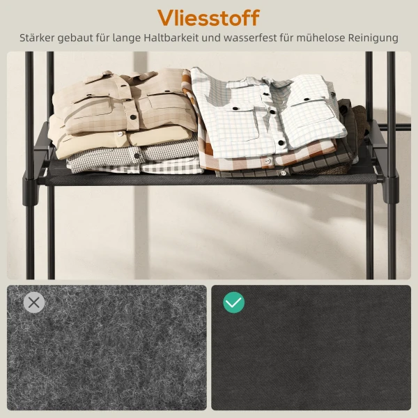Draagbare kledingrek, metalen frame, stoffen planken, veel ruimte, zwart 7