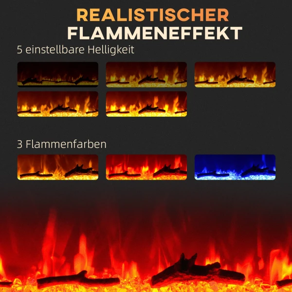 Elektrische haard met wandbeugel en afstandsbediening, kunstmatige houtblokken en kristallen, 1800w vermogen, zwart 5