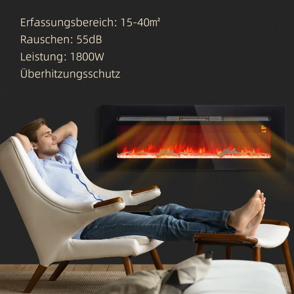 Elektrische haard met wandbeugel en afstandsbediening, kunstmatige houtblokken en kristallen, 1800w vermogen, zwart 7