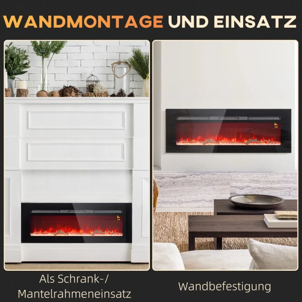 Elektrische haard met wandbeugel en afstandsbediening, kunstmatige houtblokken en kristallen, 1800w vermogen, zwart 9