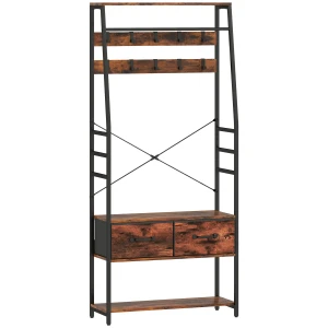 Garderobe met schoenenrek, kapstok met zitbank, 10 haken, 2 stoffen lades, kledingstang, spaanplaat, metaal, bruin 1