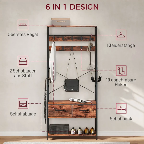 Garderobe met schoenenrek, kapstok met zitbank, 10 haken, 2 stoffen lades, kledingstang, spaanplaat, metaal, bruin 5