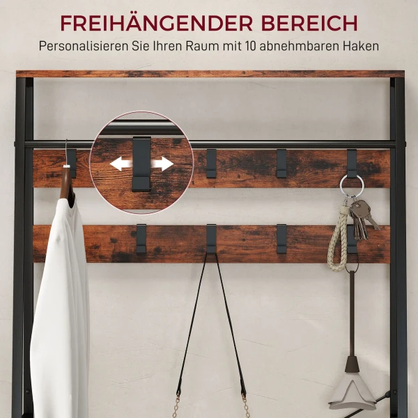 Garderobe met schoenenrek, kapstok met zitbank, 10 haken, 2 stoffen lades, kledingstang, spaanplaat, metaal, bruin 6