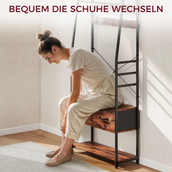 Garderobe met schoenenrek, kapstok met zitbank, 10 haken, 2 stoffen lades, kledingstang, spaanplaat, metaal, bruin 7