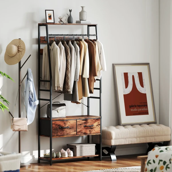 Garderobe met schoenenrek, kapstok met zitbank, 10 haken, 2 stoffen lades, kledingstang, spaanplaat, metaal, bruin 9