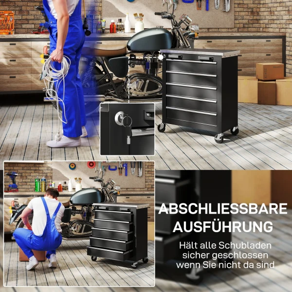 Gereedschapskast met 5 lades, verrijdbare gereedschapskist, gereedschapswagen van staal, zilverkleurig+zwart 7