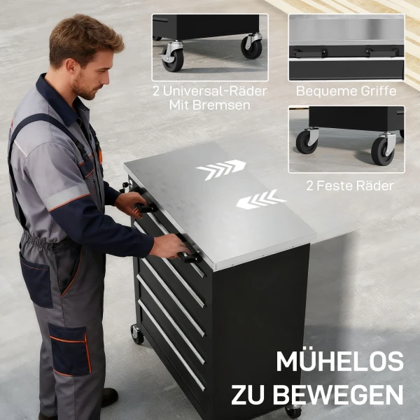 Gereedschapskast met 5 lades, verrijdbare gereedschapskist, gereedschapswagen van staal, zilverkleurig+zwart 8