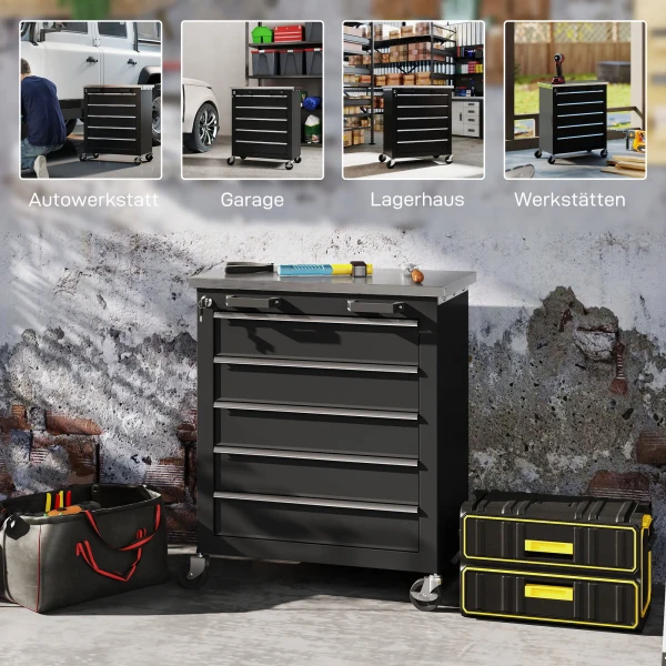 Gereedschapskast met 5 lades, verrijdbare gereedschapskist, gereedschapswagen van staal, zilverkleurig+zwart 9