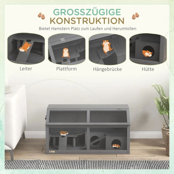 Hamsterkooi, kleindierkooi van hout, hangbrug, ladders, hut, 84 x 45 x 44 cm, voor dwerghamsters, grijs 5