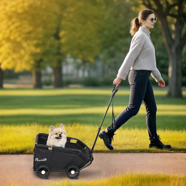 Hondenwagen, opvouwbare hondenbuggy voor dwergenhonden tot 4 kg, inklapbare kattenbuggy met handvatstang, wasbaar kussen, veiligheidslijnen, opbergtas, 4 wielen, zwart 2