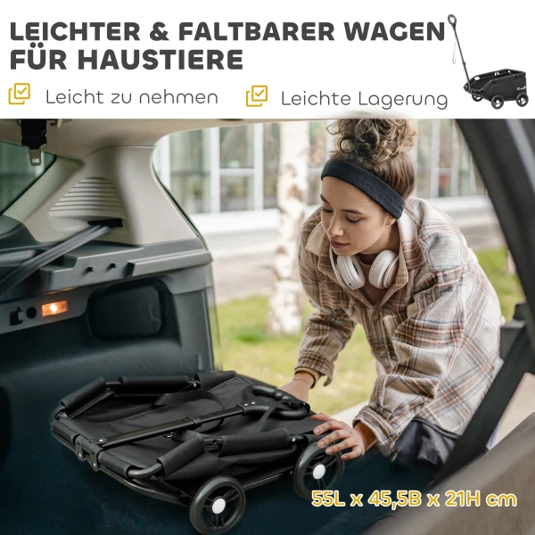 Hondenwagen, opvouwbare hondenbuggy voor dwergenhonden tot 4 kg, inklapbare kattenbuggy met handvatstang, wasbaar kussen, veiligheidslijnen, opbergtas, 4 wielen, zwart 5