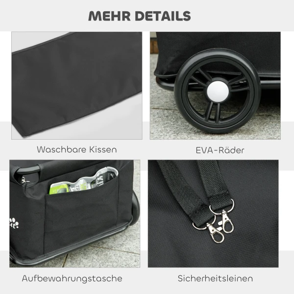 Hondenwagen, opvouwbare hondenbuggy voor dwergenhonden tot 4 kg, inklapbare kattenbuggy met handvatstang, wasbaar kussen, veiligheidslijnen, opbergtas, 4 wielen, zwart 8