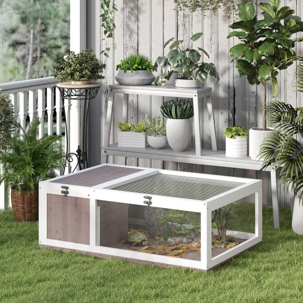 Houten schildpaddenverblijf met hoofdhuizen, openklapbare bovenkant 91x60,5x32 cm, bruin 2