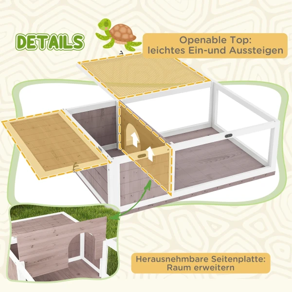 Houten schildpaddenverblijf met hoofdhuizen, openklapbare bovenkant 91x60,5x32 cm, bruin 6