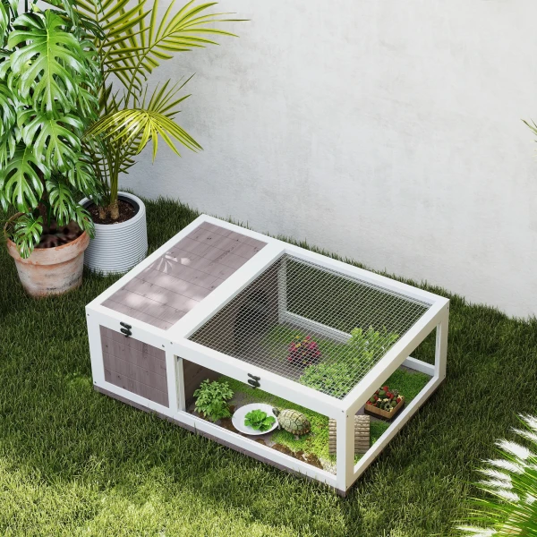Houten schildpaddenverblijf met hoofdhuizen, openklapbare bovenkant 91x60,5x32 cm, bruin 9