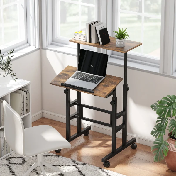 In hoogte verstelbare bureau keukentafel met plank, wielen, computertafel rustiek bruin 60 x 60 x 70,5 120 cm 2