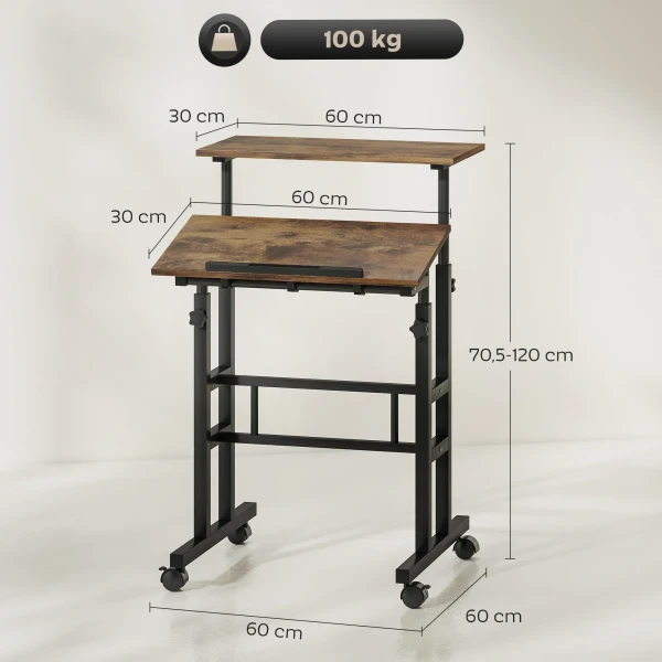 In hoogte verstelbare bureau keukentafel met plank, wielen, computertafel rustiek bruin 60 x 60 x 70,5 120 cm 4
