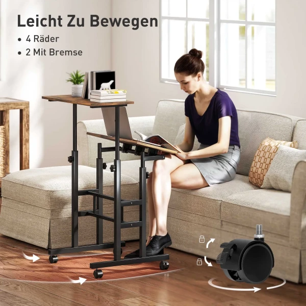 In hoogte verstelbare bureau keukentafel met plank, wielen, computertafel rustiek bruin 60 x 60 x 70,5 120 cm 7