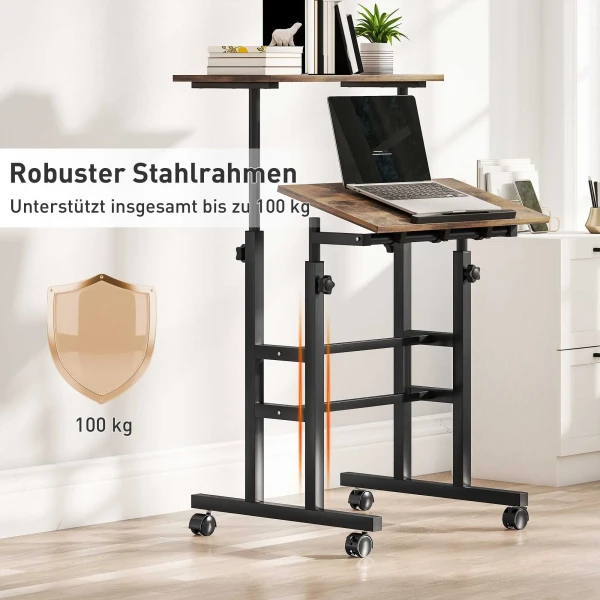 In hoogte verstelbare bureau keukentafel met plank, wielen, computertafel rustiek bruin 60 x 60 x 70,5 120 cm 8