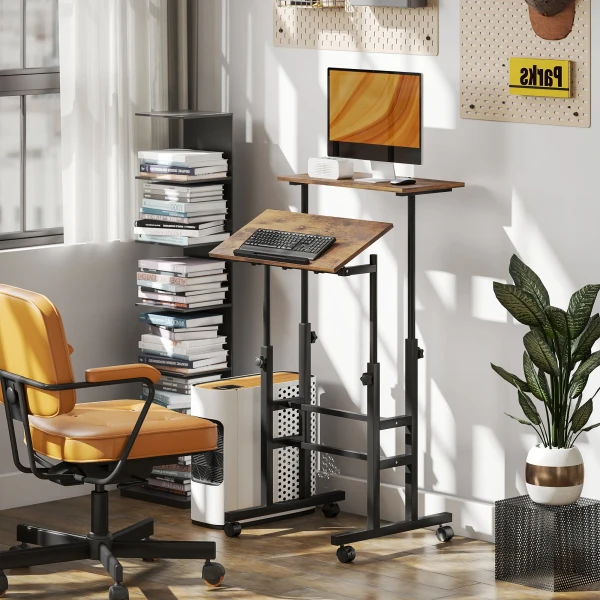 In hoogte verstelbare bureau keukentafel met plank, wielen, computertafel rustiek bruin 60 x 60 x 70,5 120 cm 9