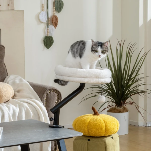 Kattenbureau bed, kattenbed voor bureau met 360° draaiing, verstelbare hoogte, kattenligbed met afneembaar, machinewasbaar bed, voor katten onder 6 kg, thuis kantoor, crème wit 2