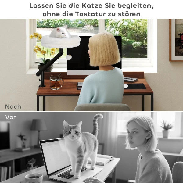 Kattenbureau bed, kattenbed voor bureau met 360° draaiing, verstelbare hoogte, kattenligbed met afneembaar, machinewasbaar bed, voor katten onder 6 kg, thuis kantoor, crème wit 5