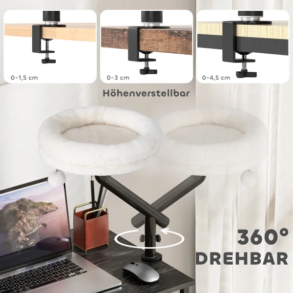 Kattenbureau bed, kattenbed voor bureau met 360° draaiing, verstelbare hoogte, kattenligbed met afneembaar, machinewasbaar bed, voor katten onder 6 kg, thuis kantoor, crème wit 6