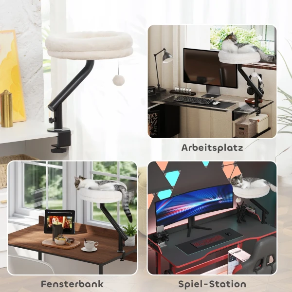Kattenbureau bed, kattenbed voor bureau met 360° draaiing, verstelbare hoogte, kattenligbed met afneembaar, machinewasbaar bed, voor katten onder 6 kg, thuis kantoor, crème wit 7