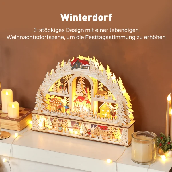 Kerstdorp met led verlichting, 45 cm kerststad met sneeuwpop, rendier en bomen natuurhout 5