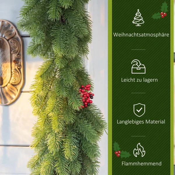 Kerstguirlande 1,9m dennen guirlande kerstdecoratie met dennenappels bessen kunstmatige guirlande kerstguirlande voor binnen & buiten, groen 5