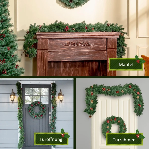 Kerstguirlande 1,9m dennen guirlande kerstdecoratie met dennenappels bessen kunstmatige guirlande kerstguirlande voor binnen & buiten, groen 7
