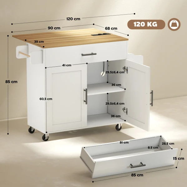 Keukeneiland, keukenwagen op wielen, met inklapbaar werkblad, lade, plank, 120 x 68 x 85 cm, wit 4