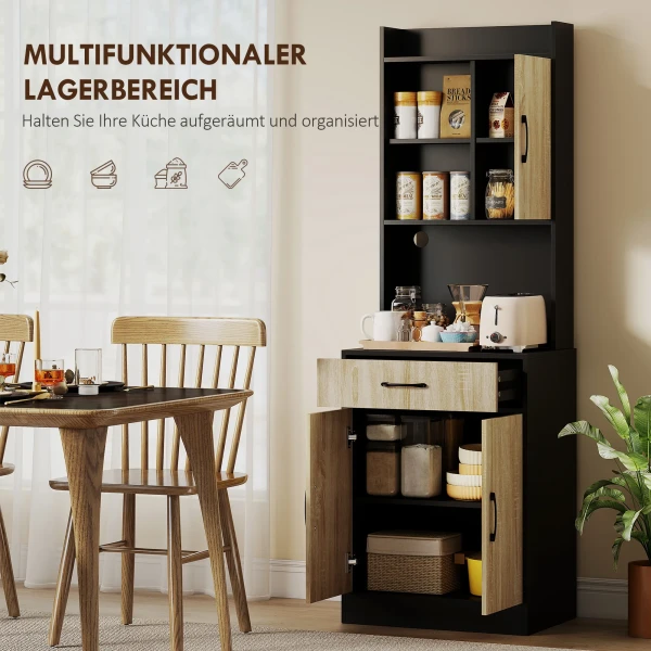 Keukenkast met werkblad en kabelgat, moderne keukenkast met lade, 3 open planken, natuurhout, zwart 5