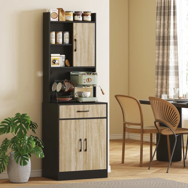 Keukenkast met werkblad en kabelgat, moderne keukenkast met lade, 3 open planken, natuurhout, zwart 8