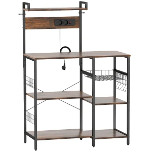 Keukenrek, staand rek met 2 stopcontacten, 5 s haken, 5 planken, mand, x braces staal 90 x 42 x 130 cm 1